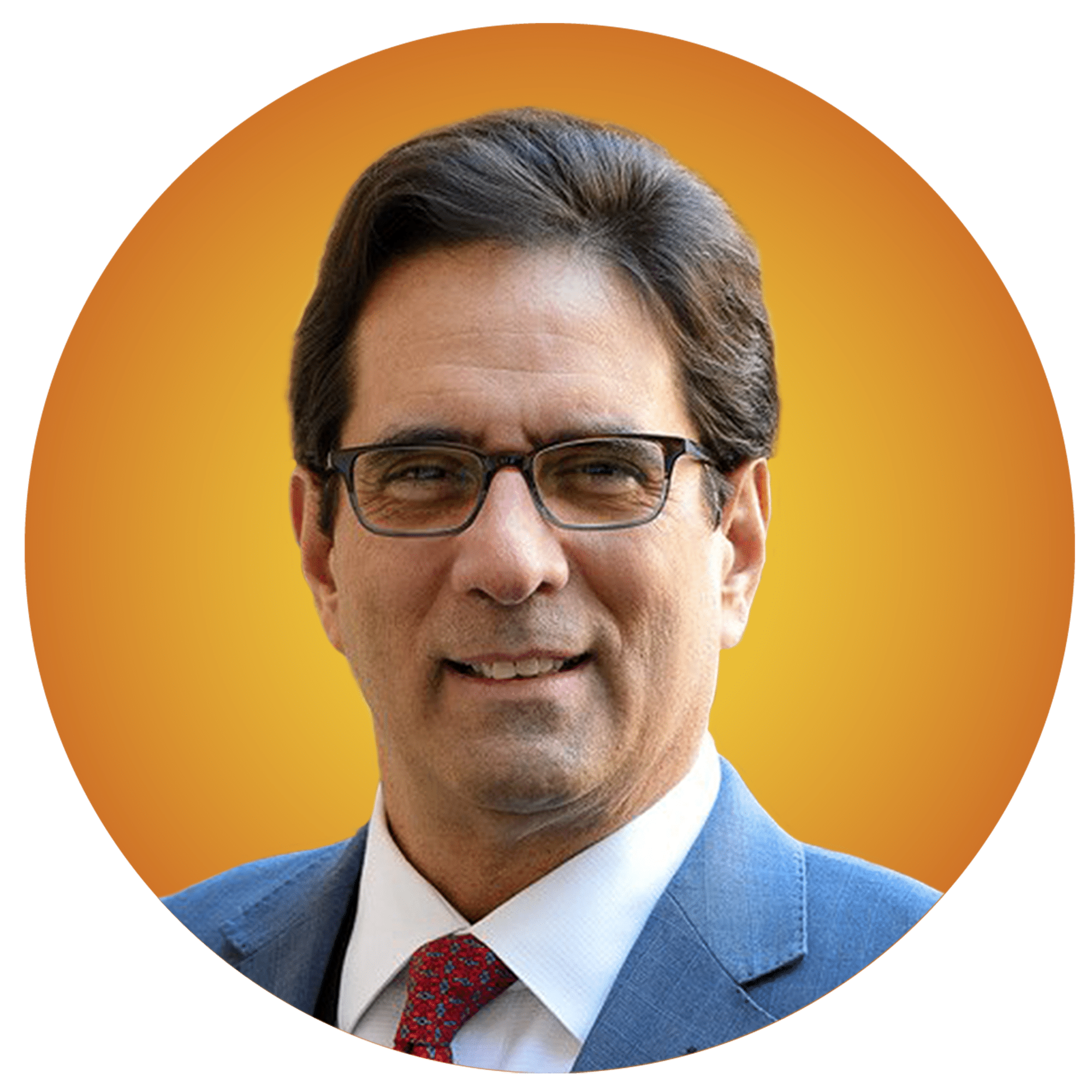 carlos x montoya, ceo precious metals asset digitization securitization monetization hypothecation digital banking A man with glasses and dark hair, wearing a blue suit, white shirt, and red tie, smiles for a digitized portrait against an orange background.